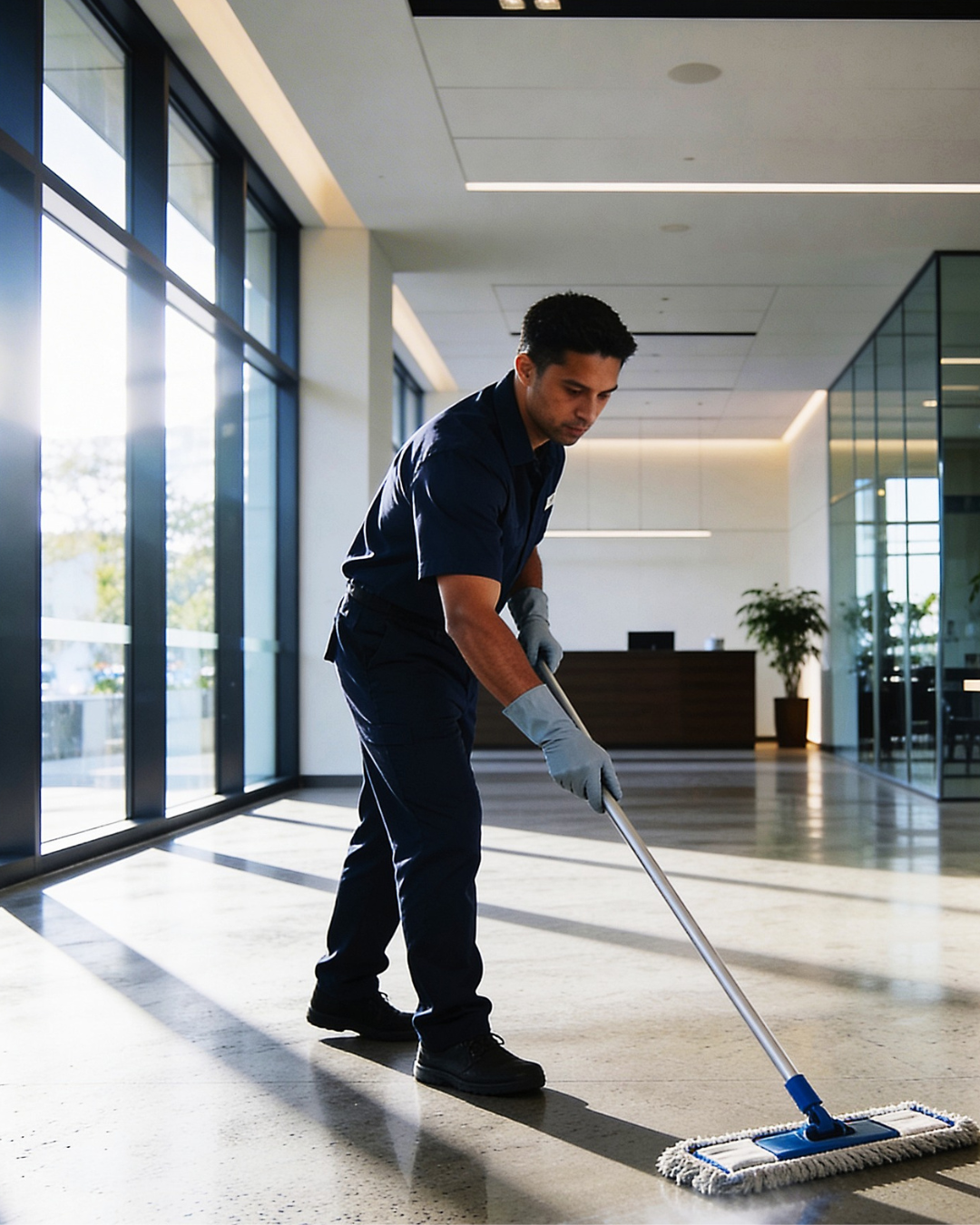Commercial cleaner vacuuming office flooring with professional industrial cleaning equipment.