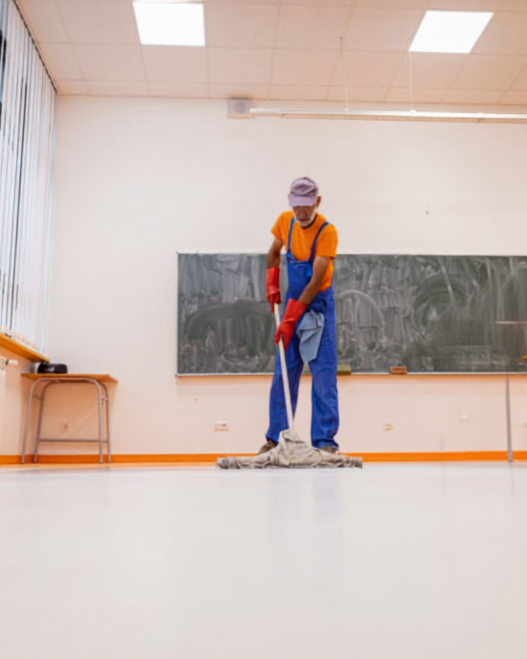 Professional cleaner performing commercial floor vacuuming in a business environment.