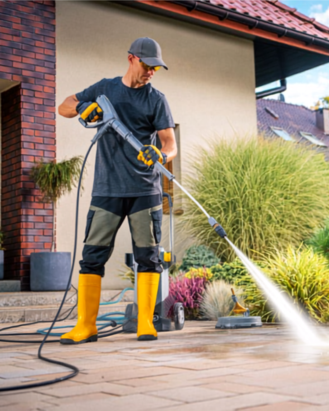 Professional cleaner pressure washing a residential driveway to remove dirt, moss, and surface stains.