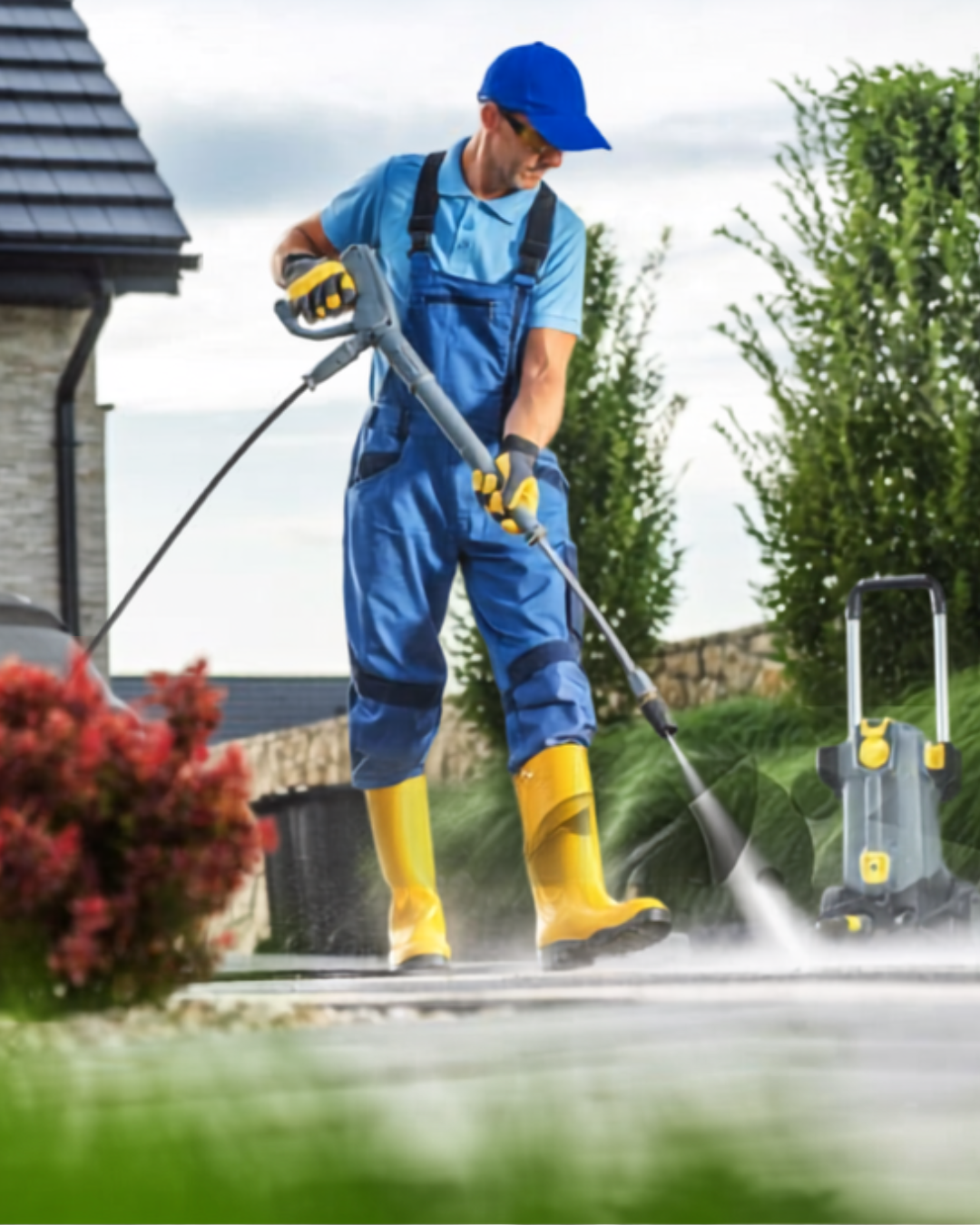 Professional exterior cleaner washing outdoor surfaces and property exteriors with pressure cleaning equipment.