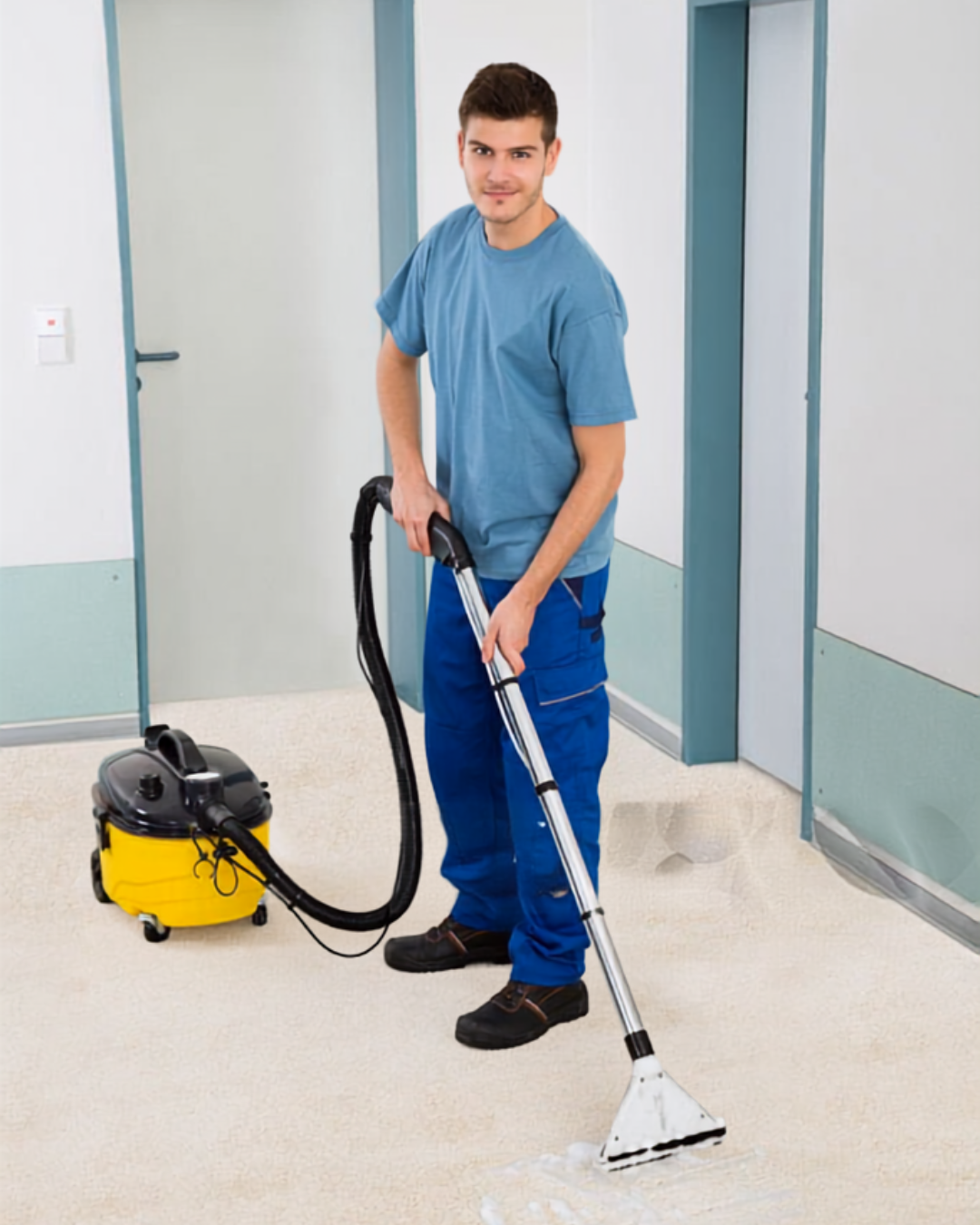 Professional cleaner vacuuming commercial flooring with industrial cleaning equipment.